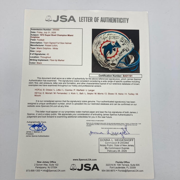 1972 Miami Dolphins Super Bowl Champs Team Signed Full Size Helmet JSA COA