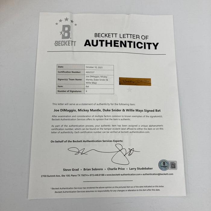 Mickey Mantle Joe Dimaggio Willie Mays Signed Autographed Baseball Bat Beckett