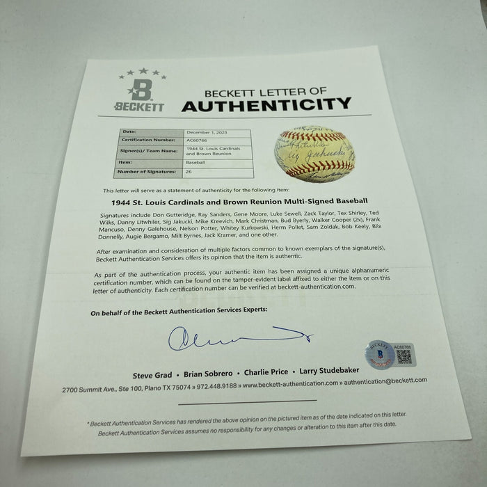 1944 St. Louis Cardinals World Series Champs Team Signed Baseball Beckett COA