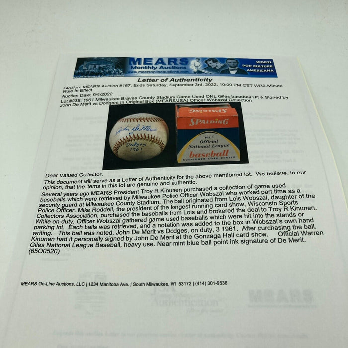John De Merit Signed 1961 Actual Hit Game Used Baseball Milwaukee Braves JSA COA