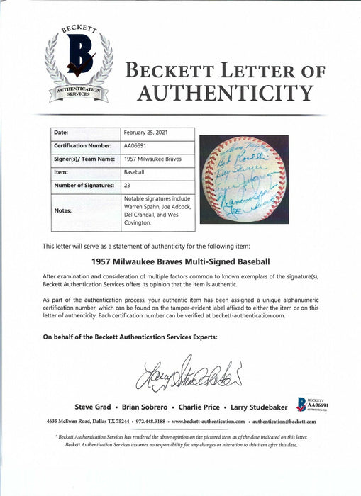 1957 Milwaukee Braves World Series Champs Team Signed Baseball Beckett COA