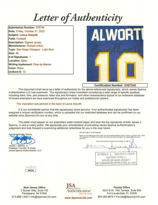 Lance Alworth Signed 1994 San Diego Chargers Game Model Jersey JSA COA