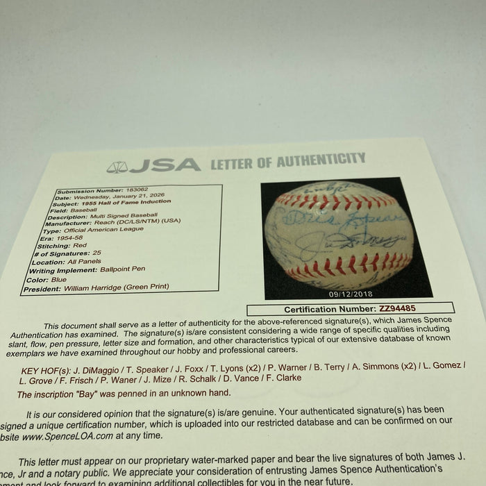 Stunning 1955 Hall Of Fame Induction Signed Baseball 25 Sigs Jimmie Foxx JSA COA