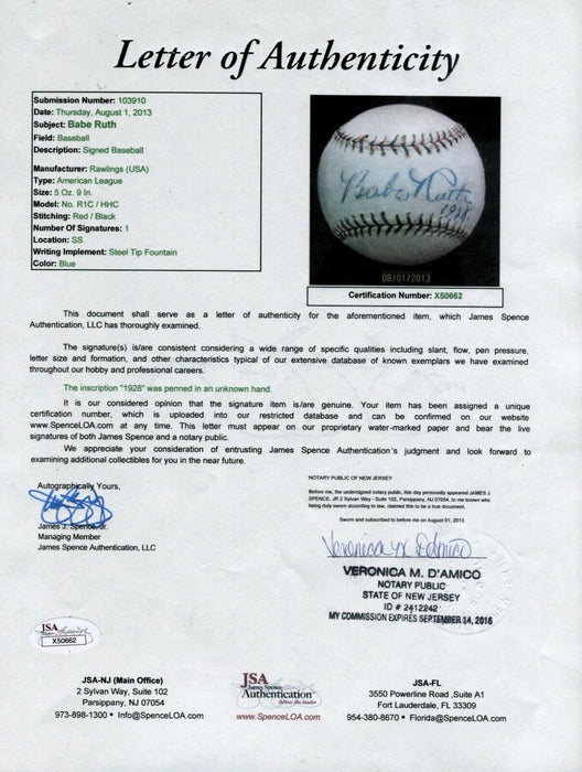 Stunning Babe Ruth Single Signed Autographed 1928 Baseball With JSA COA