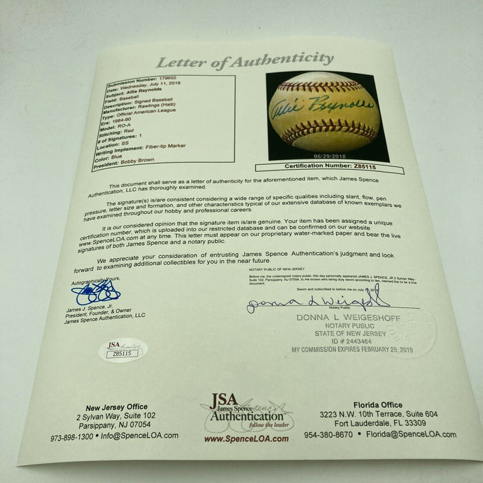Allie Reynolds Single Signed American League Baseball JSA COA New York Yankees