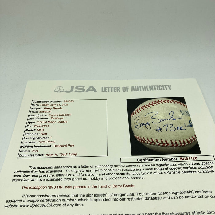 Barry Bonds 73rd Home Run Signed Game Used Baseball JSA & Barry Bonds COA