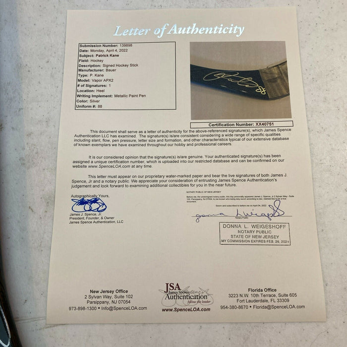 Patrick Kane Signed 2014 Game Used Hockey Stick Championship Season JSA COA