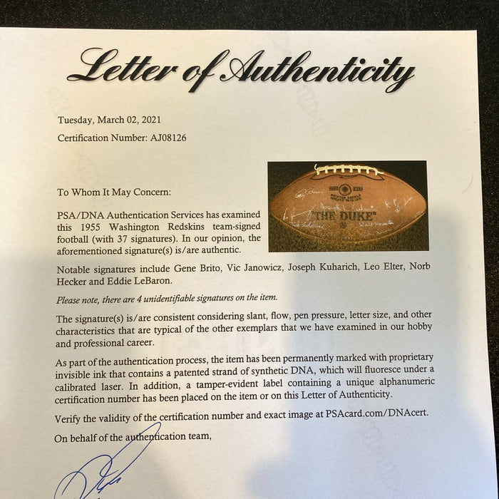Beautiful 1955 Washington Redskins Team Signed Wilson The Duke Football PSA DNA