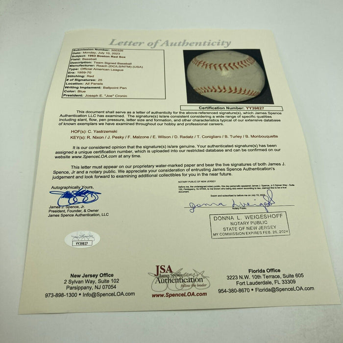 1963 Boston Red Sox AL Champs Team Signed American League Baseball With JSA COA