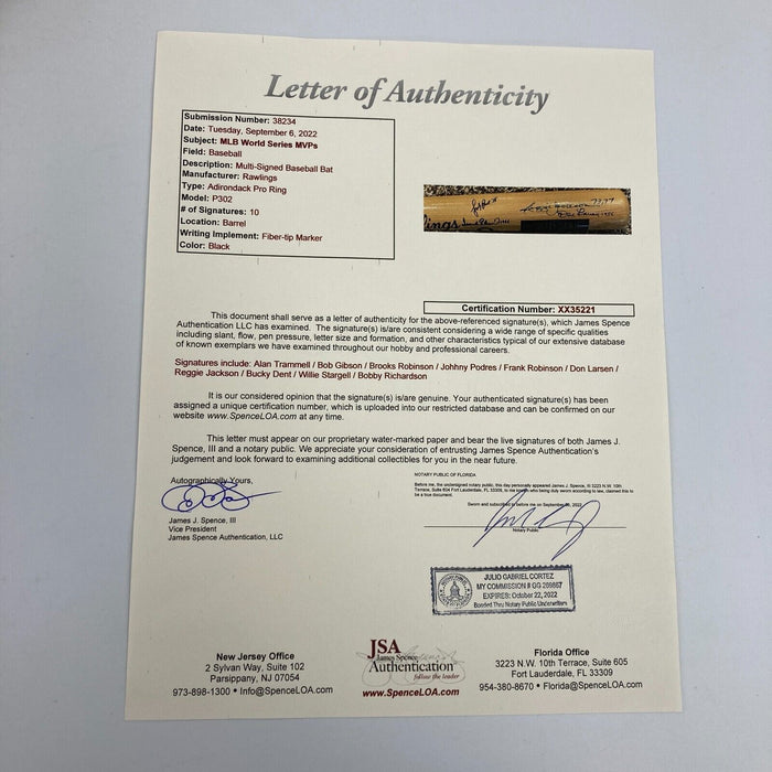 World Series MVP's Multi Signed Bat 10 Sigs Bob Gibson Willie Stargell JSA COA