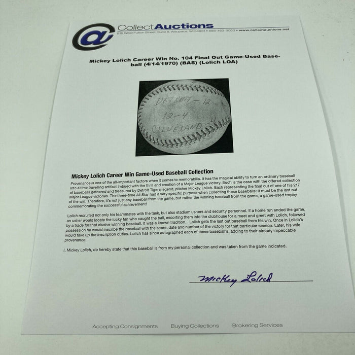 Mickey Lolich Signed Career Win No. 104 Final Out Game Used Baseball Beckett COA