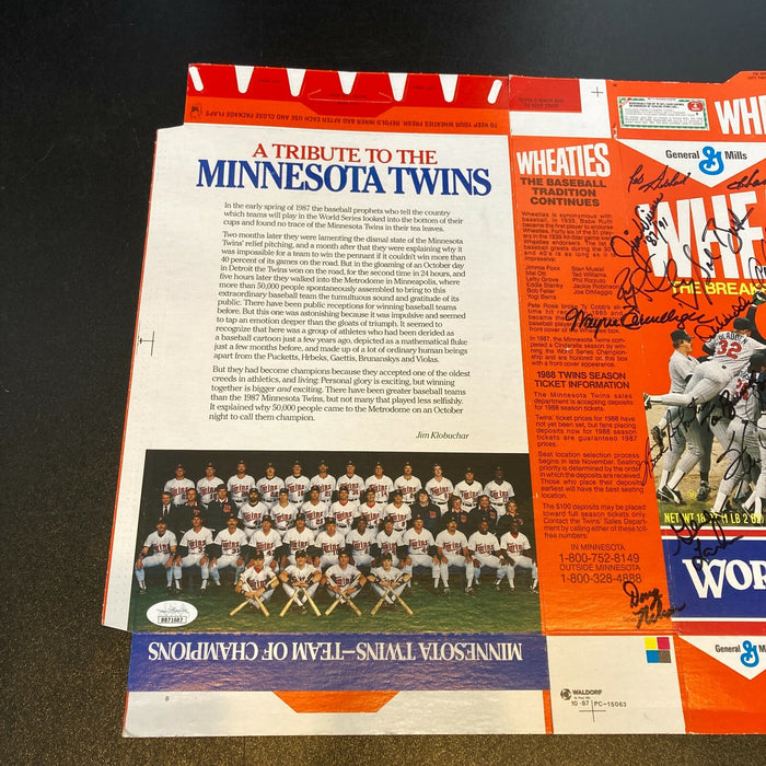 1987 Minnesota Twins World Series Champs Team Signed Wheaties Box With JSA COA