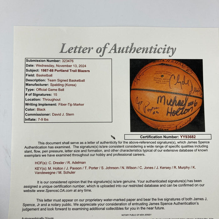 1987-88 Portland Trail Blazers Team Signed Game Used Spalding Basketball JSA COA