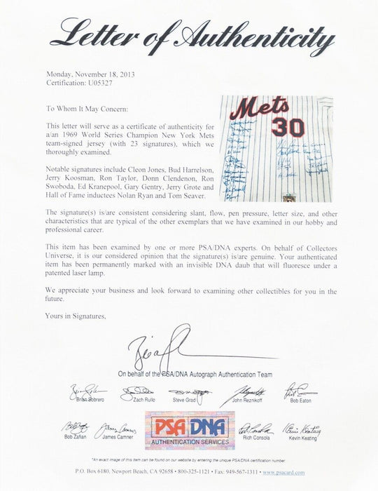 1969 New York Mets World Series Champs Team Signed Jersey Nolan Ryan Seaver PSA