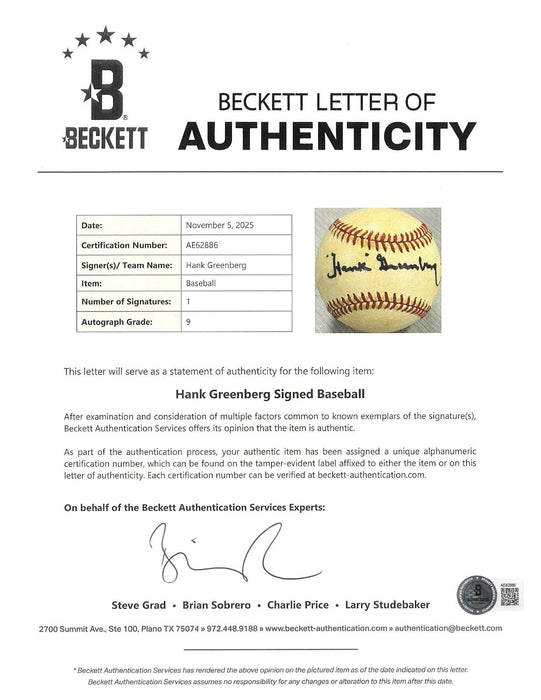 Hank Greenberg Single Signed American League Baseball Beckett Graded 9 MINT