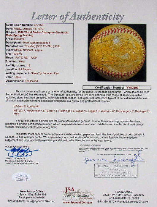 1940 Cincinnati Reds World Series Champs Team Signed Baseball JSA COA