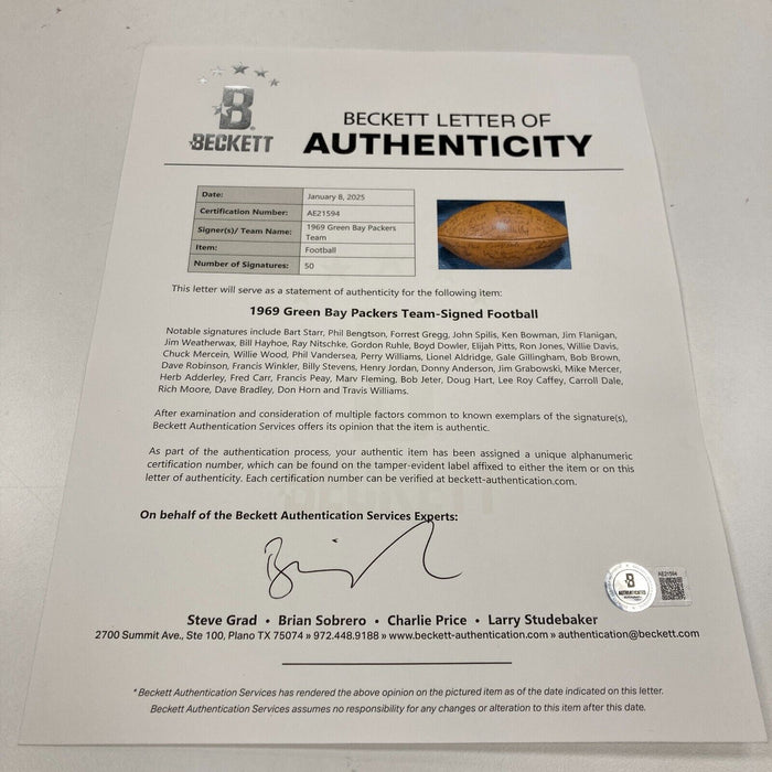 1969 Green Bay Packers Team Signed Football Bart Starr Nitschke 50 Sigs Beckett