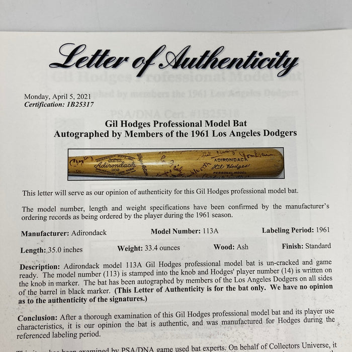 1961 Los Angeles Dodgers Team Signed Gil Hodges Game Bat Sandy Koufax PSA & JSA