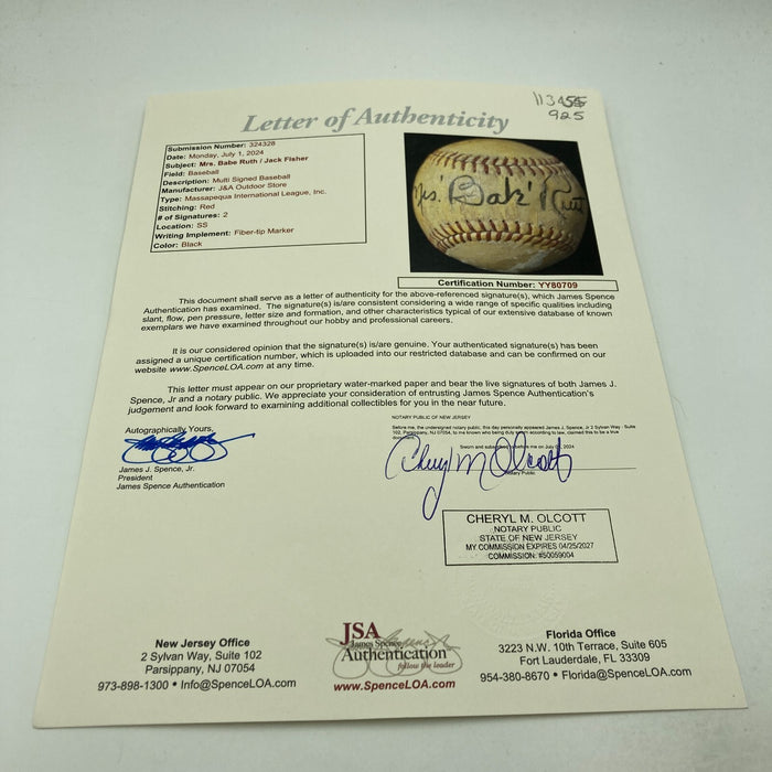 Mrs. Babe Ruth Signed Autographed 1950's Minor League Baseball JSA COA