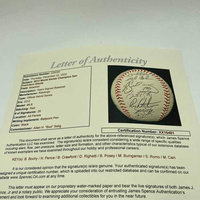 2012 San Francisco Giants World Series Champs Team Signed W.S. Baseball JSA COA