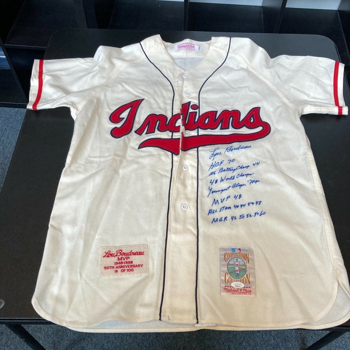 Beautiful Lou Boudreau Signed Inscribed STATS Cleveland Indians Jersey JSA COA