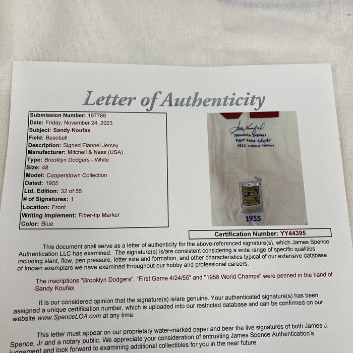 Sandy Koufax First Game 6-24-1955, World Series Champs Signed Dodgers Jersey JSA