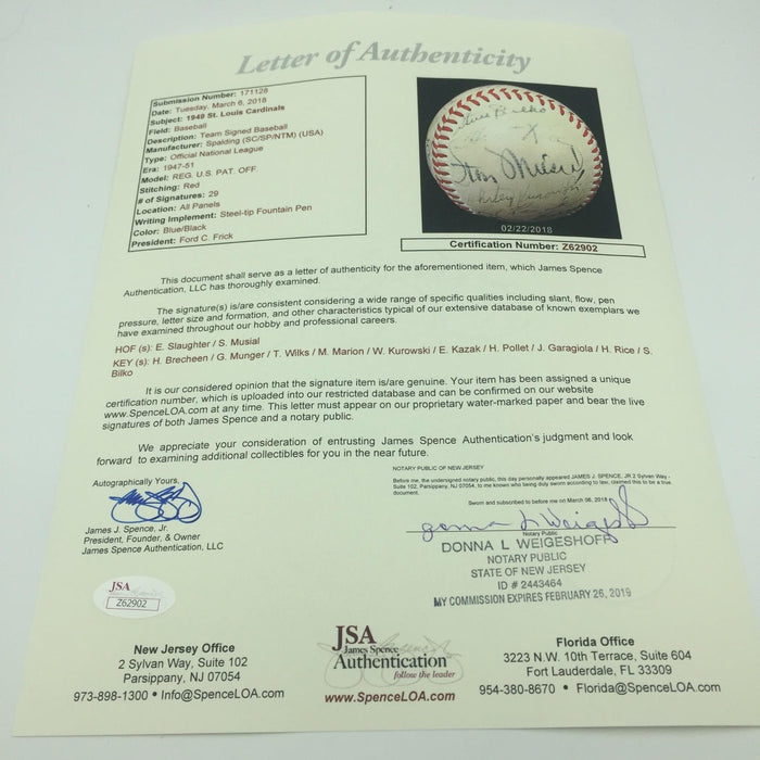 Beautiful 1949 St. Louis Cardinals Team Signed National League Baseball JSA COA