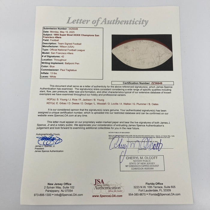 1994 San Francisco 49ers Super Bowl Champs Team Signed Football JSA COA