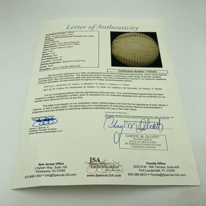 1934 St. Louis Cardinals World Series Champs Team Signed Baseball With JSA COA