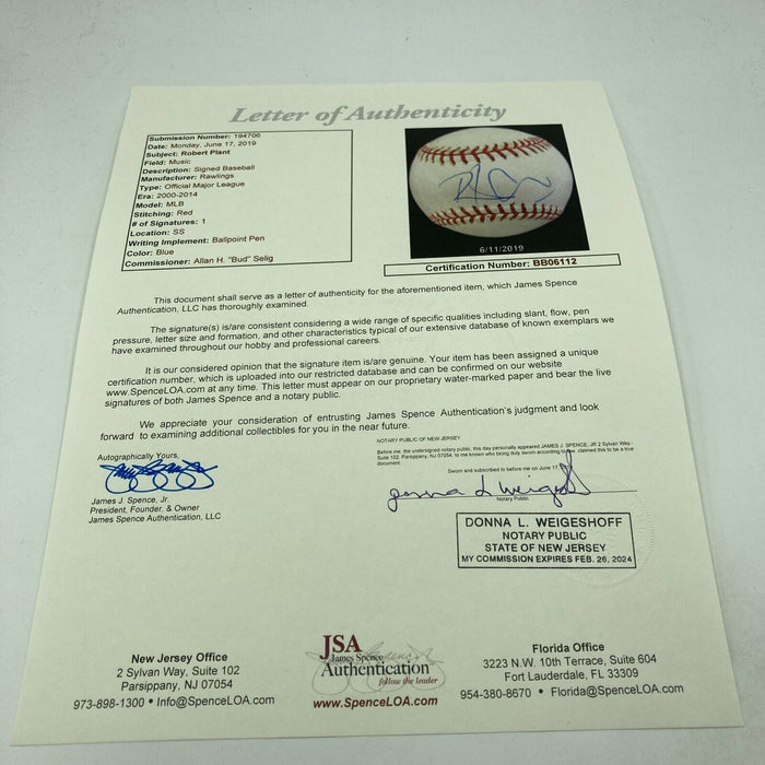 Robert Plant Led Zeppelin Single Signed American League Baseball JSA COA RARE