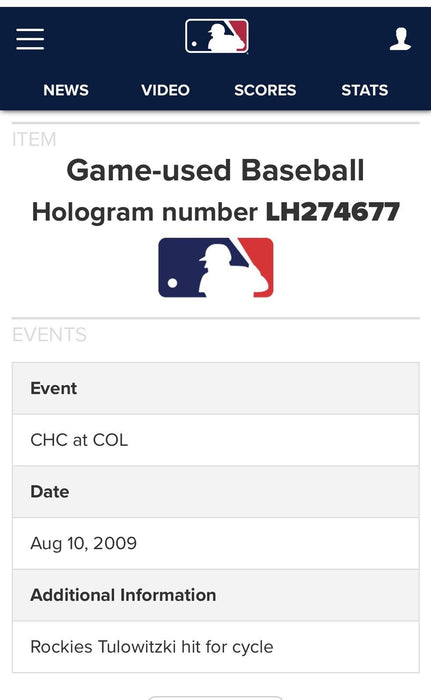 Troy Tulowitzki Cycle Game 8-10-2009 Signed Game Used Baseball MLB Authentic