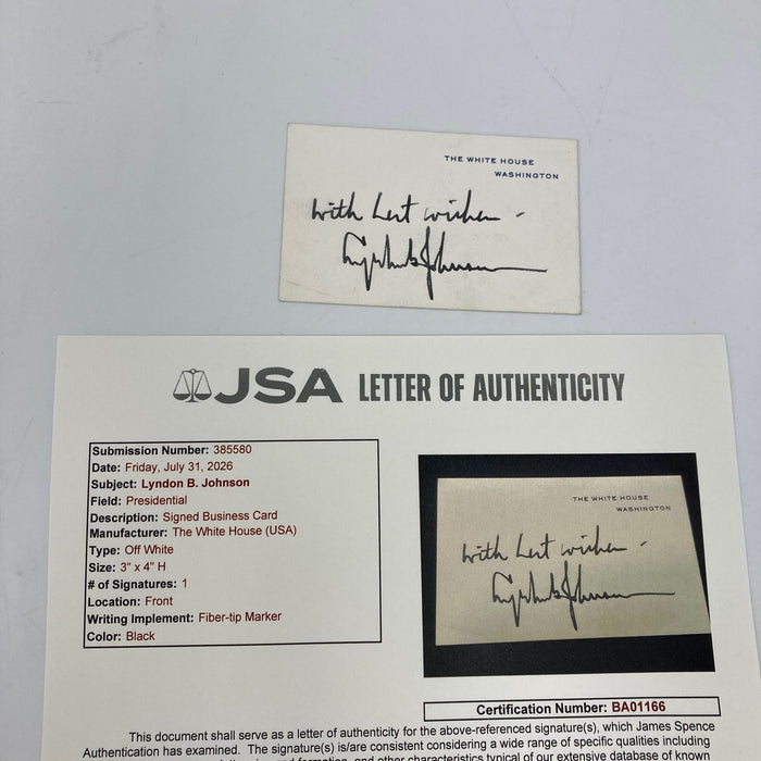 President Lyndon B. Johnson Signed White House Original Card JSA COA