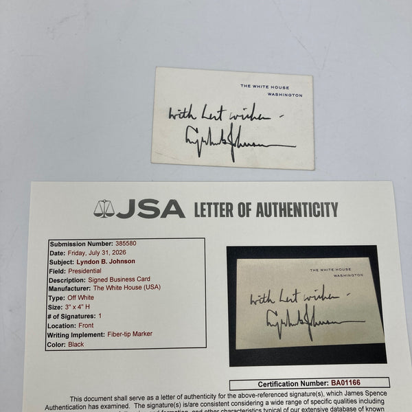 President Lyndon B. Johnson Signed White House Original Card JSA COA