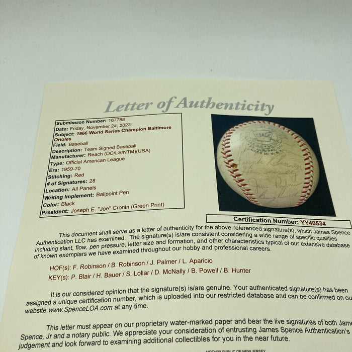1966 Baltimore Orioles World Series Champs Team Signed Baseball JSA COA