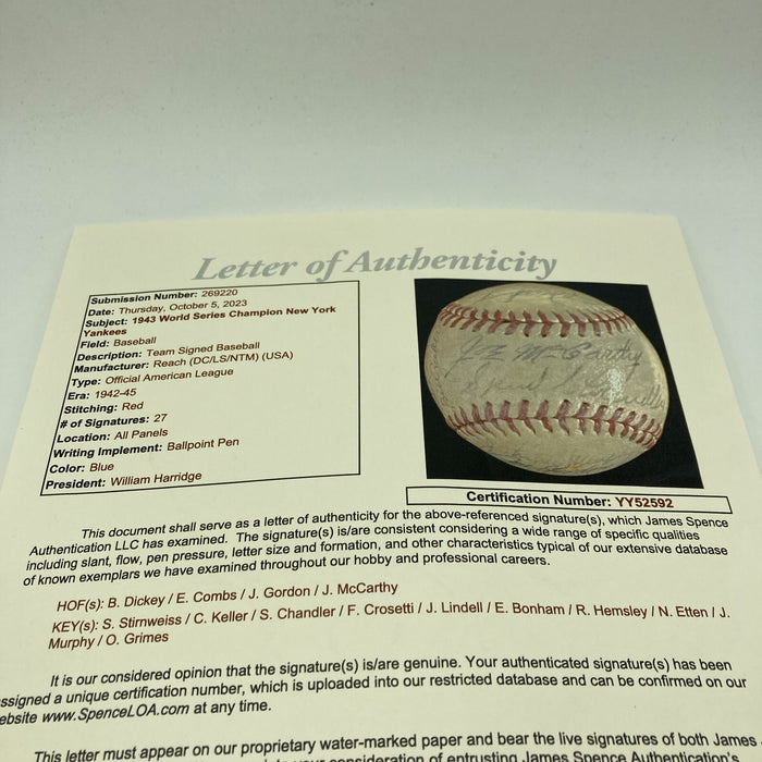 1943 New York Yankees World Series Champs Team Signed AL Baseball JSA COA