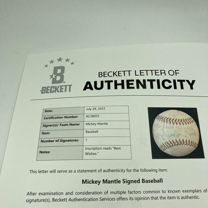 Mickey Mantle Playing Days Signed 1960's American League Joe Cronin Baseball BAS
