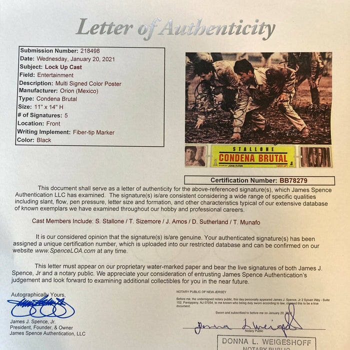 Sylvester Stallone Lock Up Cast Signed 11x14 Original Movie Poster JSA COA