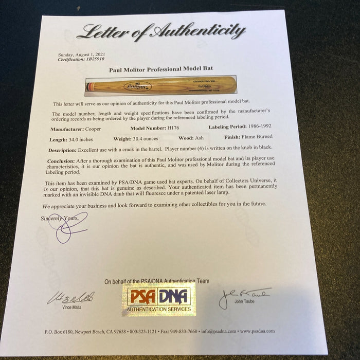 1986 Paul Molior Game Used Cooper Baseball Bat PSA DNA COA Excellent Game Use