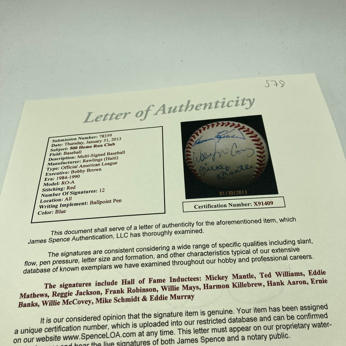 500 Home Run Club Signed Baseball Mickey Mantle Ted Williams 12 Sigs JSA