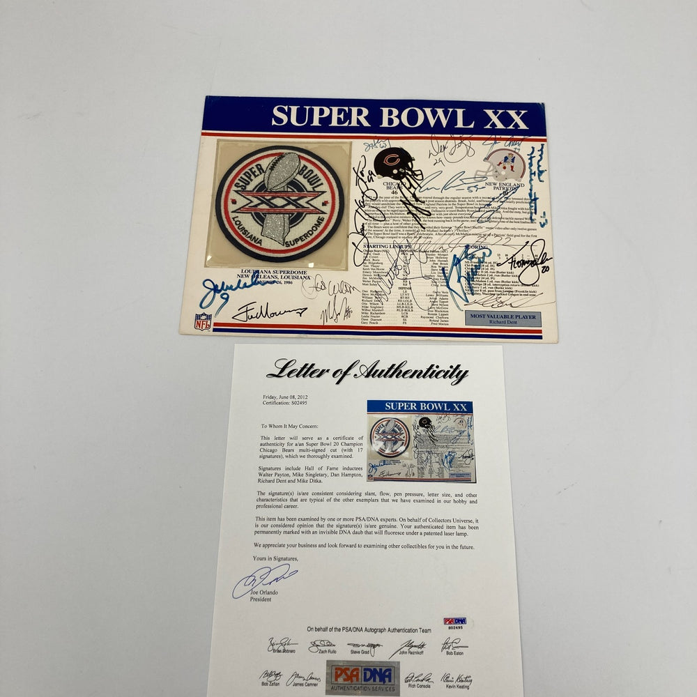 1985 Chicago Bears Super Bowl Champs Team Signed Patch Walter Payton PSA DNA COA