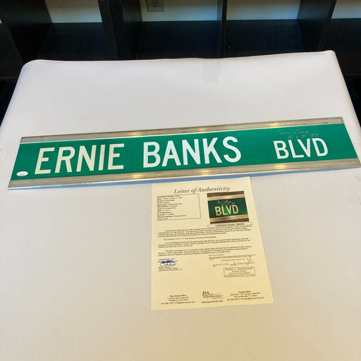 Ernie Banks Twice Signed 6x30 Street Sign Ernie Banks BLVD JSA COA