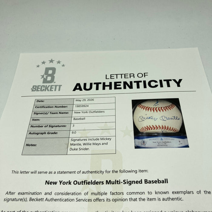 Mickey Mantle Willie Mays Duke Snider Signed Baseball Beckett Graded 9 MINT BGS