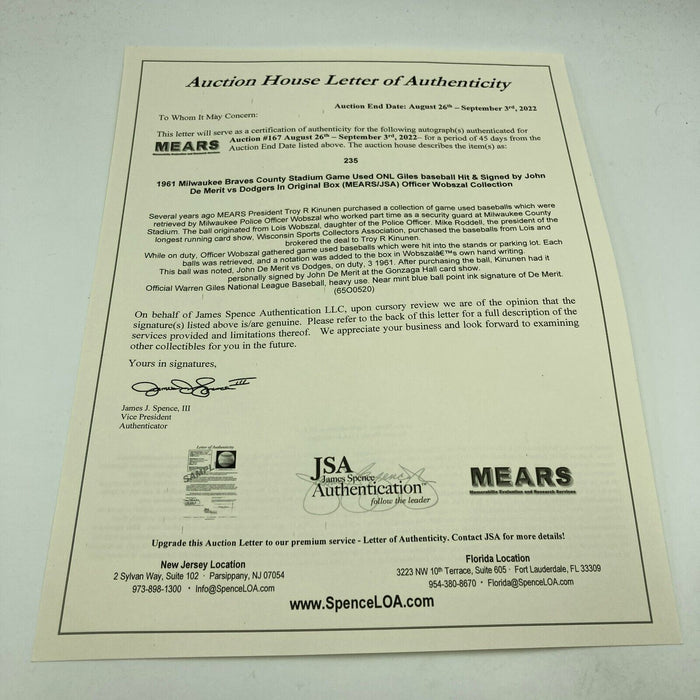 John De Merit Signed 1961 Actual Hit Game Used Baseball Milwaukee Braves JSA COA