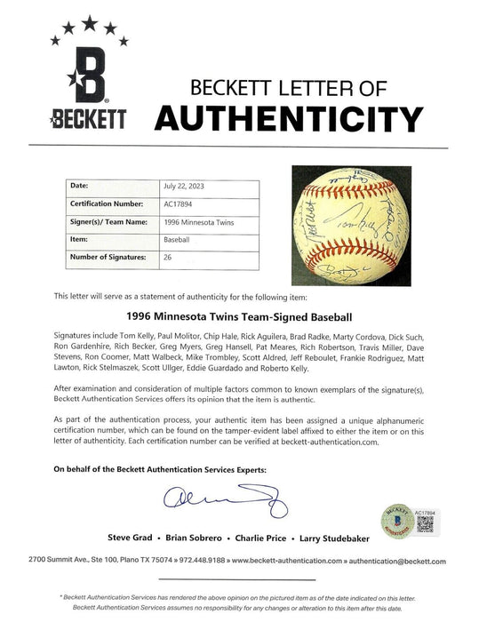 1996 Minnesota Twins Team Signed American League Baseball Beckett COA
