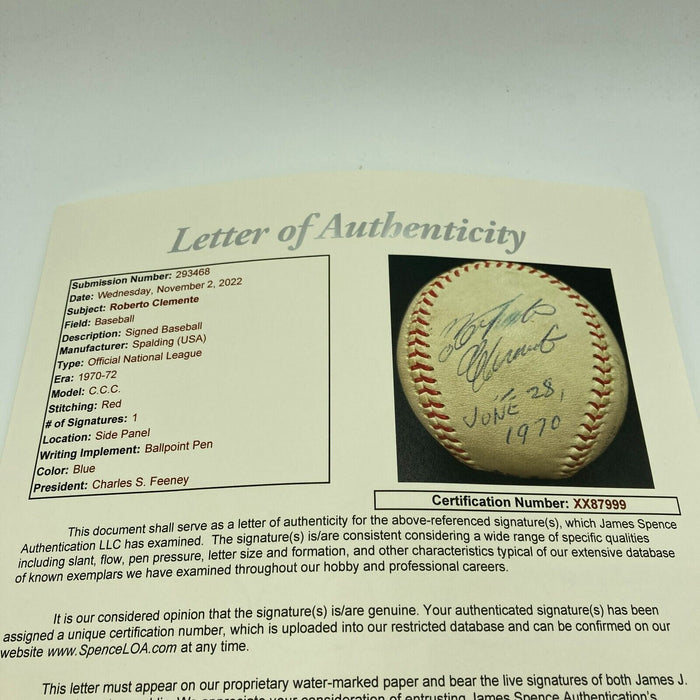 Historic Roberto Clemente Single Signed Baseball Final Game Forbes Field JSA COA