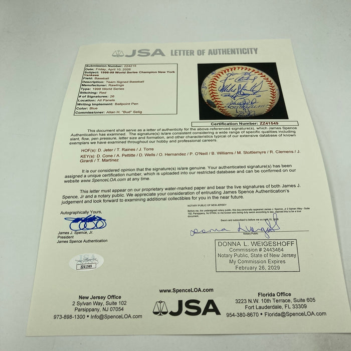 1998 New York Yankees World Series Champs Team Signed Baseball Jeter JSA COA