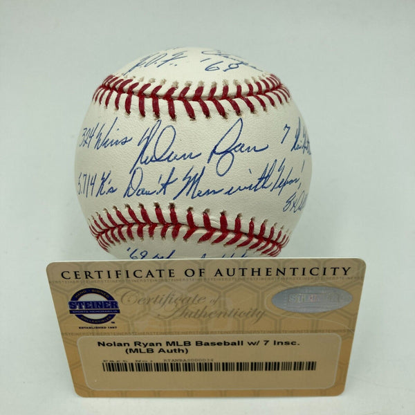 Beautiful Nolan Ryan Signed Heavily Inscribed Career STAT Baseball Steiner COA