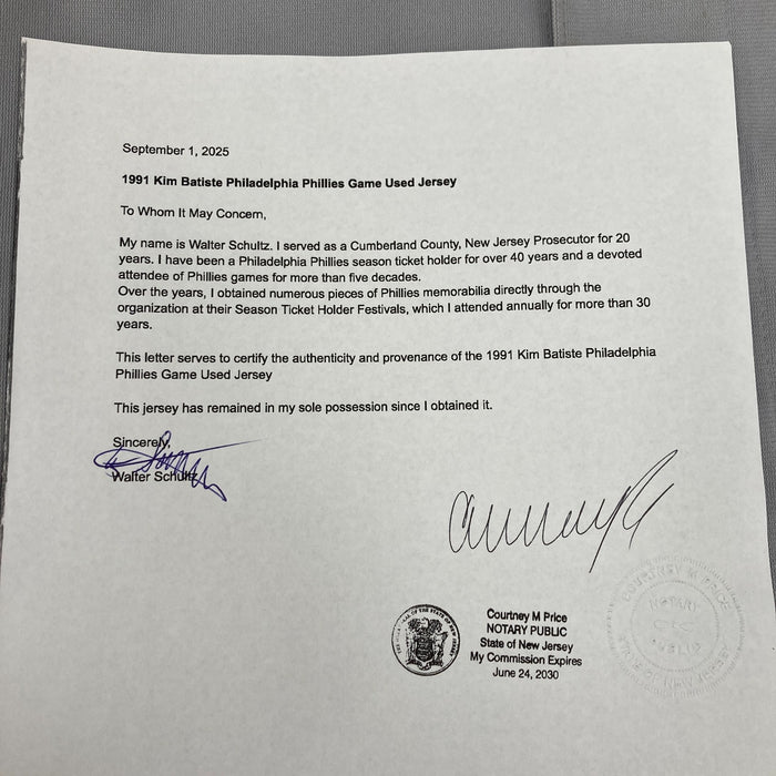 Kim Batiste 1991 Rookie Debut Game Used Philadelphia Phillies Jersey MEARS A10