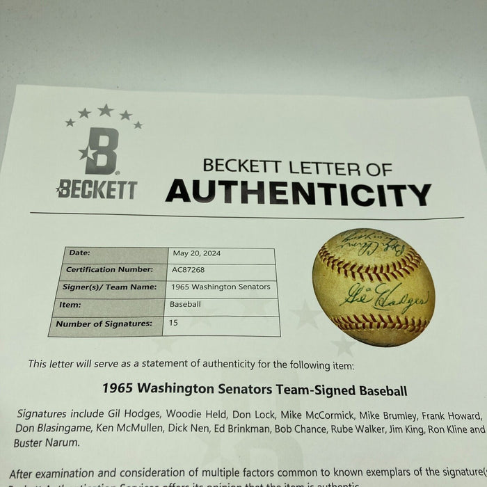 Gil Hodges 1965 Washington Senators Team Signed American League Baseball BAS COA