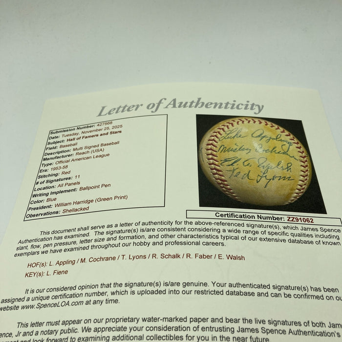 Mickey Cochrane Red Faber Ray Schalk Ed Walsh 1950's HOF Signed Baseball JSA COA